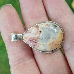 New Yellow Crazy Lace Agate Teardrop Silver Pendant.